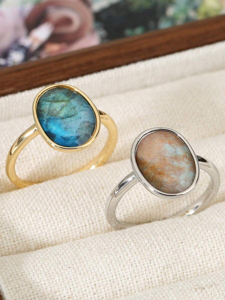 1pc Minimalist Oval Labradorite Stone Ring, Gold/Silver Plated Statement Ring, Vintage Boho Style, Women's Daily & Party Jewelry Gift