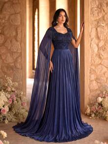 SUPGIR [Random Floral Cut] V-Neck Lantern Sleeve Chiffon Sequin Embroidery Waist Cinched Party Evening Dress Wedding Spring - Navy Blue - View 5
