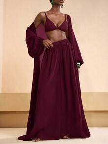 Conjunto de kimono y pantalones palazzo elegantes y casuales para la playa, 2026 - Morado 2 - Ver 3