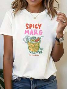 Camiseta Estampada 'Spicy Margarita' para Mujer |     Cuello redondo casual, tela de alta elasticidad, longitud regular, manga corta, temporada primavera/verano/otoño, lavable a má - Blanco - Ver 7