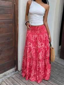 Women's Long Bohemian Print Skirt, Casual For Vacation And Everyday Wear, Spring/Summer - 紫紅色 - 查看 3