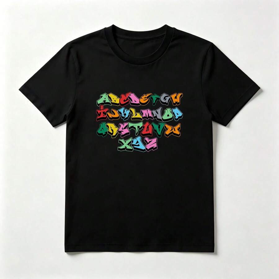Graffiti Colorido Playera de Algodón Negro con Alfabeto Callejero - Negro - Ver 1