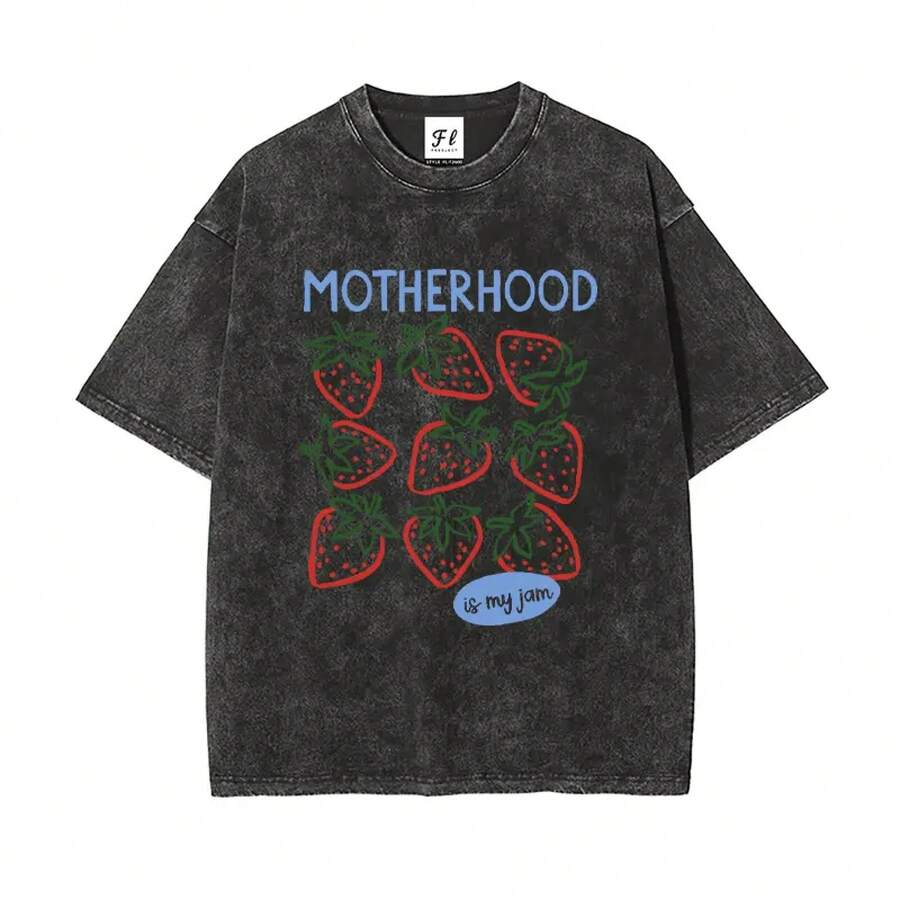 La Maternidad Es Mi Pasión Camiseta con Lavado Ácido de Fresa | Camiseta "Vida de Mamá Adorable", Camiseta Retro "La Maternidad Es Mi Pasión" | Lindo Top Vintage con Estampado de Fresas "Mom Life" - Negro - Ver 1