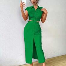 guang zhou mi qian shang mao  Vestido largo sencillo y casual de unicolor con botones al frente y mangas cortas para mujer - Verde - Ver 1