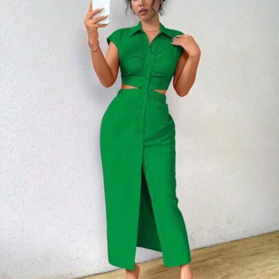 guang zhou mi qian shang mao Vestido largo sencillo y casual de unicolor con botones al frente y mangas cortas para mujer - Verde - Ver 1