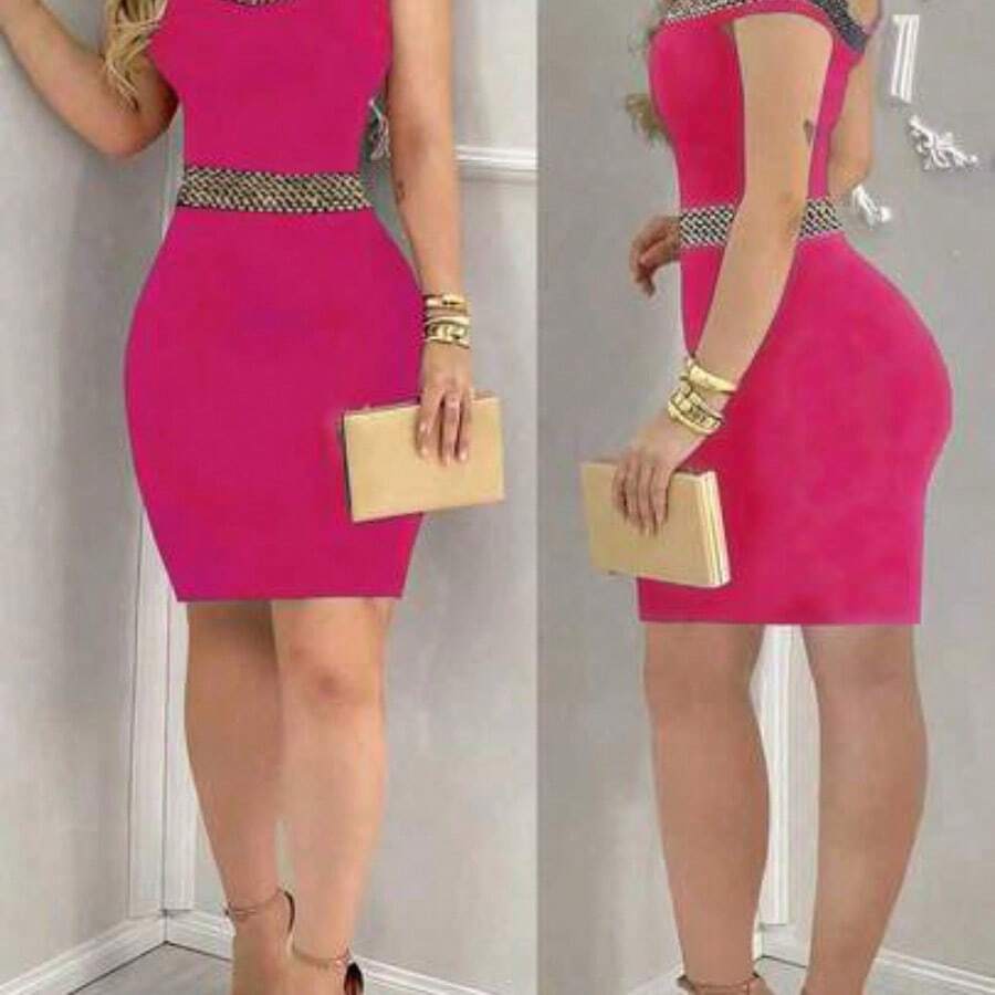 guangzhougaolangshangmao Vestido negro elegante y ceñido para mujer - Halter sin mangas con tela de lentejuelas en la espalda, perfecto para actividades de verano, mezcla de poliéster lavable a máquina, vestido ajustado, adecuado para citas nocturnas diarias, fiestas, fiestas de solteros - Rosa Fucsia - Ver 1