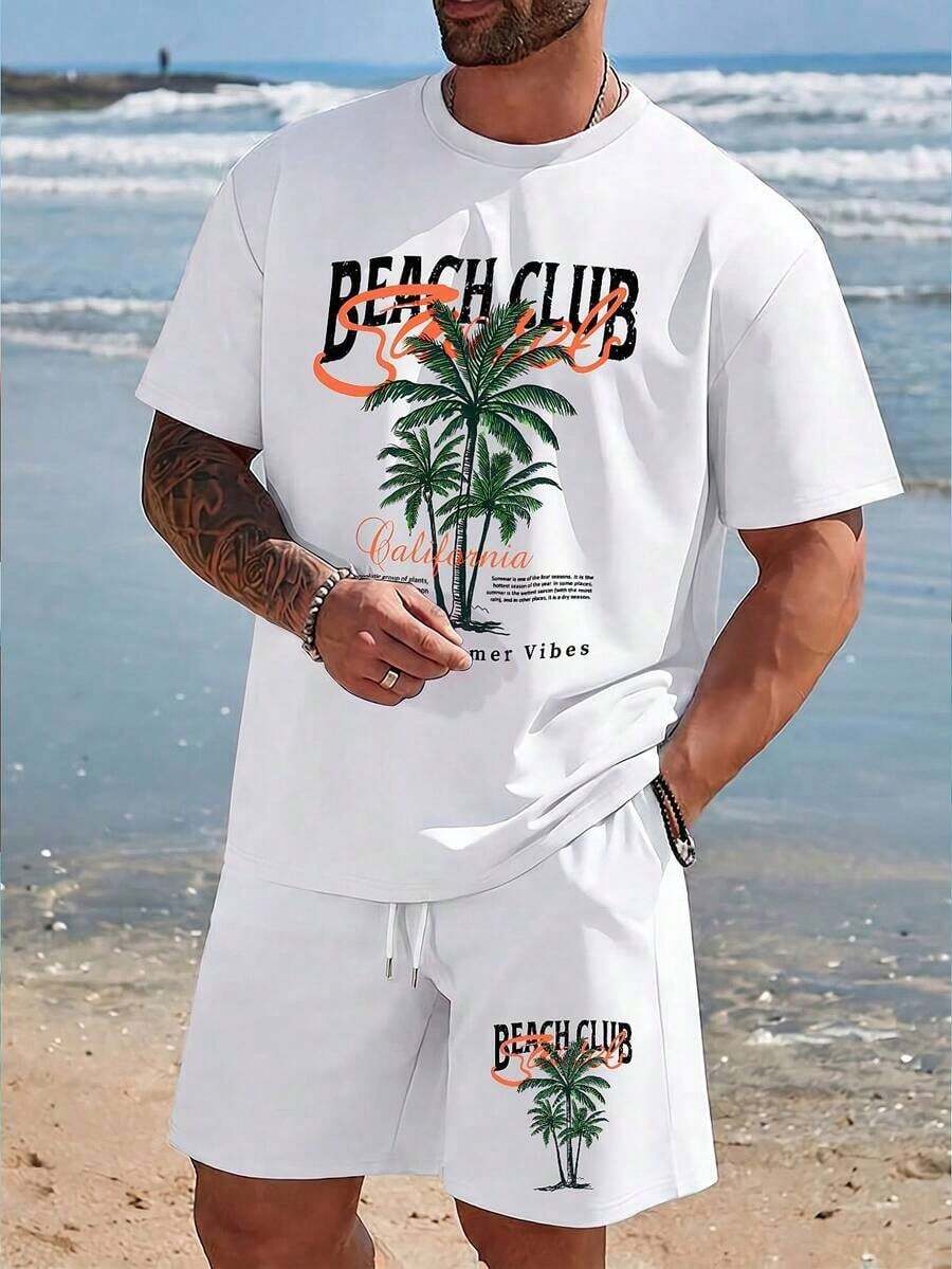 Almacén local, una camiseta de manga corta para mujer con estilo retro americano, de corte holgado y diseño estampado (los pantalones son solo para sugerencias de estilo). Esta pieza sencilla y elegante presenta un patrón de letras impresas con temática tropical, lo que la convierte en un elemento imprescindible para crear un look relajado de vacaciones, perfecto para ocasiones como el Día del Trabajo y el Día de la Independencia de México. - Blanco - Ver 1