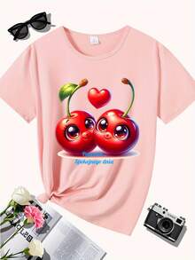 Solo un día de paz, Amor de cereza, Edición especial de San Valentín, Corazón, Regalo, Edición especial, Nueva camiseta de mujer de cuello redondo casual deportiva cómoda para las cuatro estaciones - Rosa - Ver 8