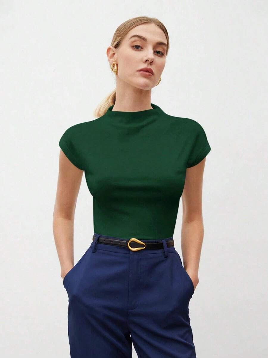 Camiseta de mujer de unicolor con cuello alto y mangas cortas tipo murciélago, casual de negocios para mujeres, uniforme de maestro, ropa de oficina, escuela, top básico, estilo vintage - Verde - Ver 1