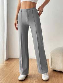 Pantalones de traje de mujer con bolsillos laterales sesgados, líneas de costura visibles para otoño/invierno - Gris - Ver 4