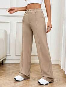 Pantalones rectos de traje sólidos para mujer en otoño/invierno - Caqui - Ver 4