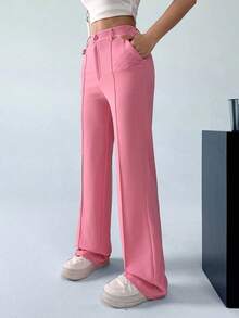 Pantalones rectos de traje para mujer con costuras expuestas para otoño/invierno - Rosa - Ver 4