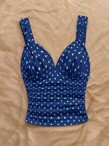 Camiseta de mujer elegante de vacaciones de tela de punto con estampado de lunares, con tirantes retorcidos y fruncidos, de ajuste ceñido, adecuada para vacaciones, citas, té de la tarde, playa, crucero, viaje a la ciudad, vacaciones en la isla, festival de música, vacaciones bohemias, se puede usar por dentro o por fuera.Parte superior con estampado de lunares, top de tirantes con estampado de lunares, blusas de verano lindas para mujer con estampado de lunares, top básico con estampado de lunares - Azul marino - Ver 3