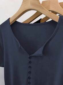 Camiseta de manga corta con botones, estilo minimalista retro casual Mori Girl para mujer - Azul marino - Ver 4