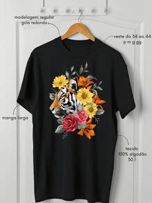 1 pieza de blusa elegante y novedosa para mujer con estampado floral de tigre, camiseta blanca y negra, 180g, 100% algodón. - Blanco - Ver 2