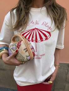 1 pieza Blusa de Cuello Redondo para Mujer, Estampado de Verano, HOTEL DE LA PLAGE, Camisa de Algodón Premium 180g 100% Algodón - Blanco - Ver 9