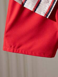 2pcs/Set Boys' Casual Striped Print Pattern Decorated Patch Short Sleeve Top And Solid Color Faux Drawstring Shorts, Spring/Summer - Red - View 10