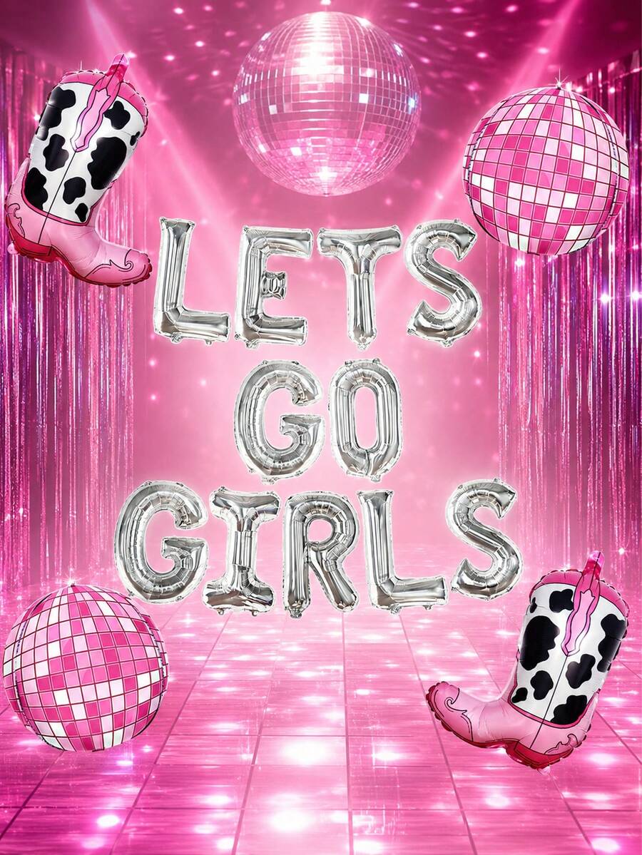 15pcs Lets Go Girls Party Balloon Set, Includes Lets Go Girls Silver Letter Banner, Boots, 22 Inch 4D Pink Disco Ball, Suitable For Bachelorette Party, Bridal Shower, Disco Western Theme Party, Birthday, Last Rodeo - Multicolor - View 1