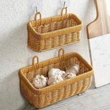 Wall Mounted Hanging Basket Imitation Rattan Fruit Vegetable Organizer Kitchen Storage Holder Home Decor Rack Container Sundries Shelf - MULTI - View 3