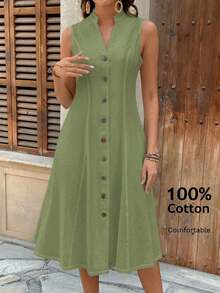 Vestido casual de verano para mujer con escote en pico, manga corta y estampado geométrico - Verde - Ver 1