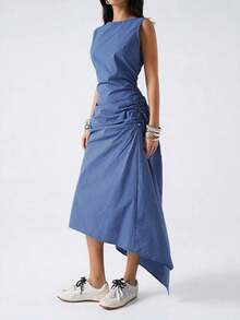 XHELYSMO 2026 Nuevo vestido casual de mujer minimalista de primavera con cuello redondo sin mangas, plisado, bajo asimétrico, de longitud media, adecuado para salidas, regreso a la escuela, graduación, uso casual en la calleXHE - Multicolor 2 - Ver 4