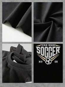 El estampado muestra un balón de fútbol con líneas doradas que expresan velocidad energía y espíritu deportivo acompañado por el texto TEAM NAME SOCCER creando una imagen potente para amantes del fútbol camiseta de mujer 100% algodón cómoda casual y moderna para uso diario - Negro - Ver 4
