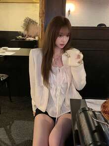 Doll Blouse Square Neck Striped Print Tie-Front Elegant Long Sleeve Shirt White - White - View 7