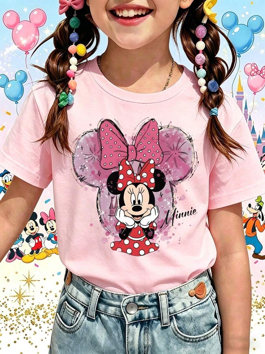 Officially Licensed Disney Minnie Mouse Girls' T-Shirt, 4-12 Years, 100% Cotton, Ultra Comfort & Super Soft, Watercolor Minnie Print, High-Appearance, High-Rate Of Second Glances, Everyday Versatile, Relaxed Fit, Stylish Kids Summer Top For Casual & School Wear, New Arrival, Express Delivery - Hồng - Xem 1