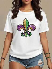 Fleur-De-Lis In Shades Of Gold, Purple, And Green, Symbolizing Festive Joy And Carnival Tradition. Women's T-Shirt, 100% Cotton, 180g - 白色 - 查看 9