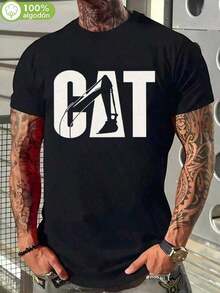 Men's T-Shirt 100% Cotton 180g Durable, CAT Letters And Excavator Design Mechanic Style For Work And Leisure, Perfect For Mechanic Lovers, Construction Workers And Casual Fashion, Men's Shirts, Men's Clothing, Christmas, Oversize Men's. - 黑色 - 查看 1