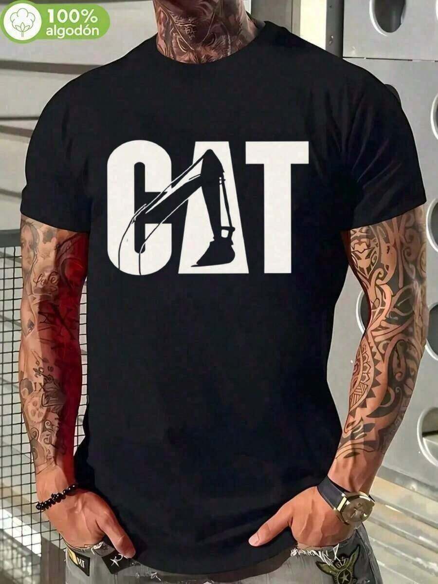 Men's T-Shirt 100% Cotton 180g Durable, CAT Letters And Excavator Design Mechanic Style For Work And Leisure, Perfect For Mechanic Lovers, Construction Workers And Casual Fashion, Men's Shirts, Men's Clothing, Christmas, Oversize Men's. - 黑色 - 查看 1