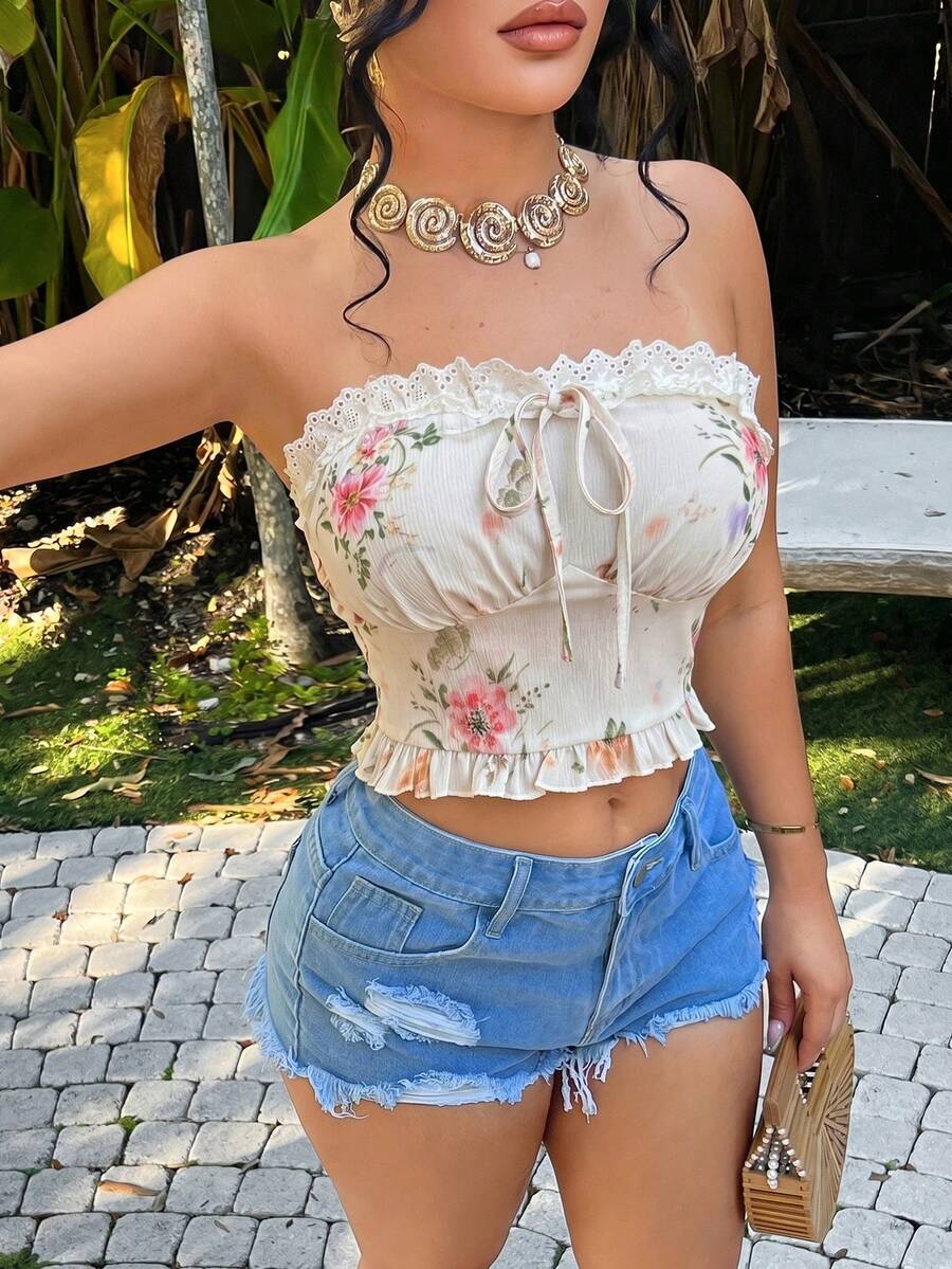 Top Bandeau Corto de Encaje Estilo Sensual Francés para Verano - blanquecino - Ver 1
