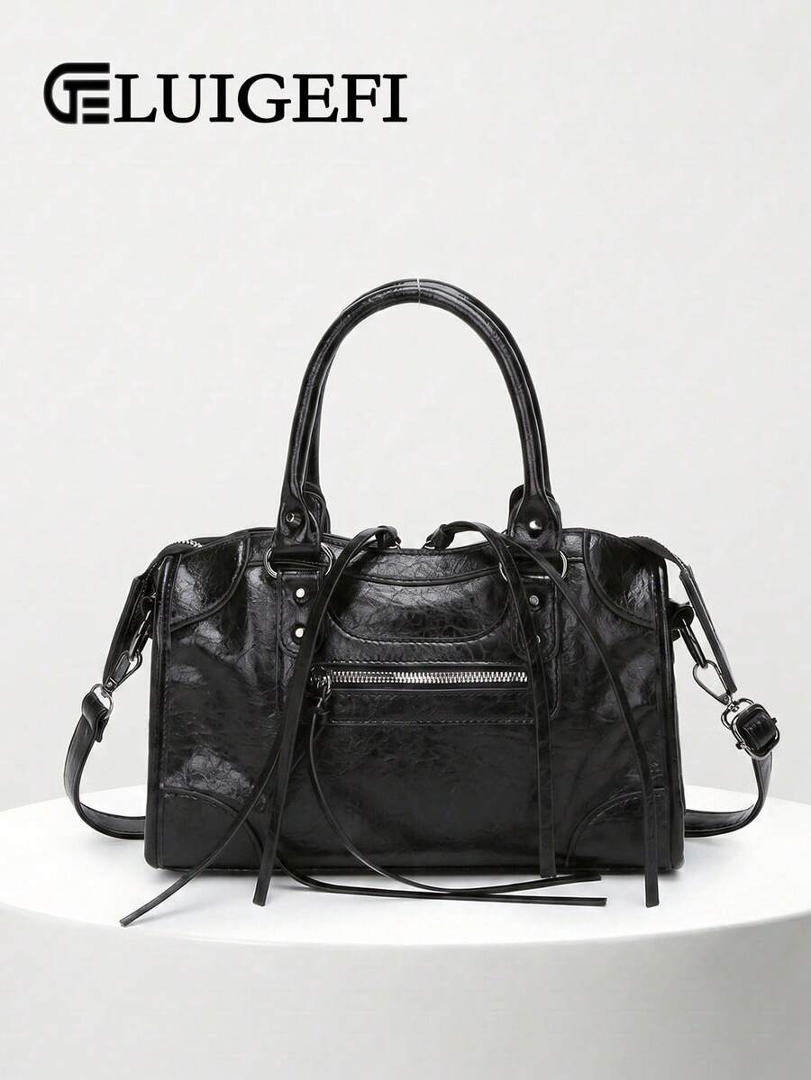 1pc Black Splicing Rivets Inlaid Metal Tassel Zip Decoration Retro PU Fashion Sweet Cool Biker Bag Y2K Punk Ladies Square Tote Slant Shoulder Bag - Black - View 1
