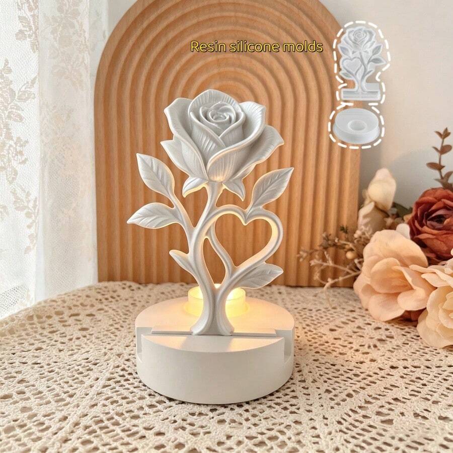 2件套树脂模具 - 玫瑰花内芯及圆形/方形烛台模具,适用于制作环氧树脂、石膏、蜡烛、香薰产品、家居装饰品 - 玫瑰花插件+燭台模具 - 查看 1