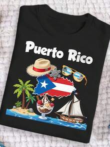 Camiseta de algodón con diseño de la cultura playera de Puerto Rico, diseño colorido que muestra sombreros de paja, barcos, palmeras, helados de playa y veleros con la bandera puertorriqueña, camiseta casual de verano para mujer con cuello redondo, transpirable y suave, adecuada para entusiastas de la cultura puertorriqueña, top con estampado de temática playera e isleña. Estilo coreano, manga corta holgada. - Negro - Ver 12