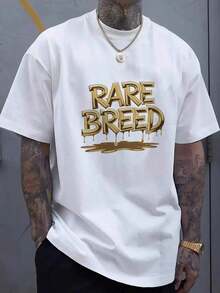 [Loose Fit T-Shirt] Men's Black T-Shirt With Rare Breed Print - Loose Fit Short Sleeve T-Shirt With Gold Graphic, Breathable, Casual, For Summer, Urban Style - 白色 - 查看 1