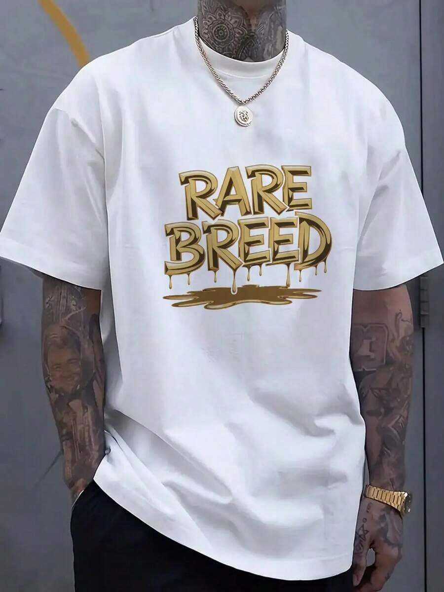 [Loose Fit T-Shirt] Men's Black T-Shirt With Rare Breed Print - Loose Fit Short Sleeve T-Shirt With Gold Graphic, Breathable, Casual, For Summer, Urban Style - 白色 - 查看 1