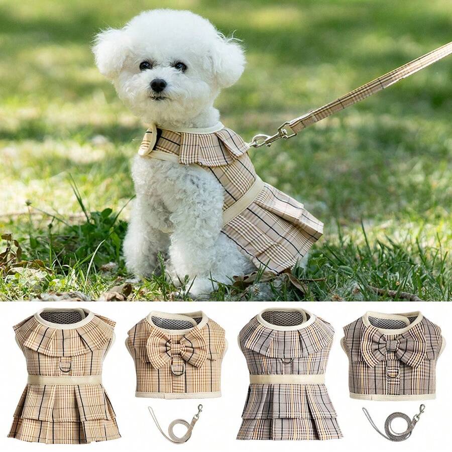 1 Set Arnés y Correa para Mascotas, Diseño de Cuadros y Volantes Transpirable y Cómodo Arnés de Pecho para Perros Pequeños como Poodle, Teddy, Adecuado para Caminar en Interiores y Exteriores, Set de Pareja a Juego Disponible