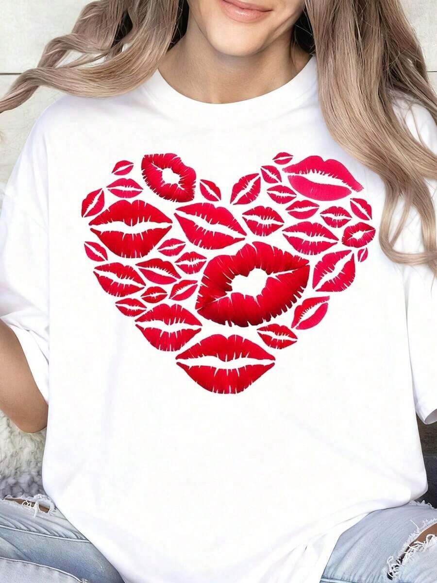 Women's Heart-Shaped Lips Print T-Shirt, Valentine's Day Gift, Romantic, Cute, Fashionable, Love-Themed Casual Wear - 白色 - 查看 1
