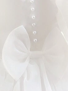 Vestido blanco elegante para niña de flores con mangas abullonadas, espalda en V con lazo y cuentas, adecuado para fiesta de primer cumpleaños, diadema no incluida - Blanco - Ver 8