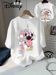 Disney Licensed, Best-Selling Women's Print: Minnie Mouse Head, Diamond Sparkle, Bow, Fashionable And Cute Printed Short-Sleeved Crew Neck T-Shirt. Crew Neck, Casual, Comfortable, Stylish, And Versatile, Suitable For Spring, Summer, And Autumn. Optimistic Design, Elastic Fabric. - trắng - Xem 1