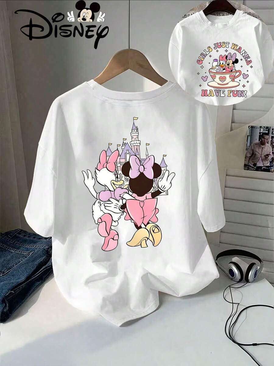 Disney Licensed, Best-Selling Women's Print: Minnie Mouse Head, Diamond Sparkle, Bow, Fashionable And Cute Printed Short-Sleeved Crew Neck T-Shirt. Crew Neck, Casual, Comfortable, Stylish, And Versatile, Suitable For Spring, Summer, And Autumn. Optimistic Design, Elastic Fabric. - trắng - Xem 1