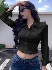 Camisa elegante de manga larga para mujer con pespunte de espina de pescado, empalme con adorno de encaje, ajuste ceñido, adecuada para uso en la oficina, primavera/verano - Azul - Ver 9