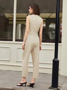 Conjunto casual de 2 piezas de unicolor para mujer, atuendo casual de negocios urbanos, elegante para la oficina, atuendo de maestra, primavera/verano - Beis - Ver 2