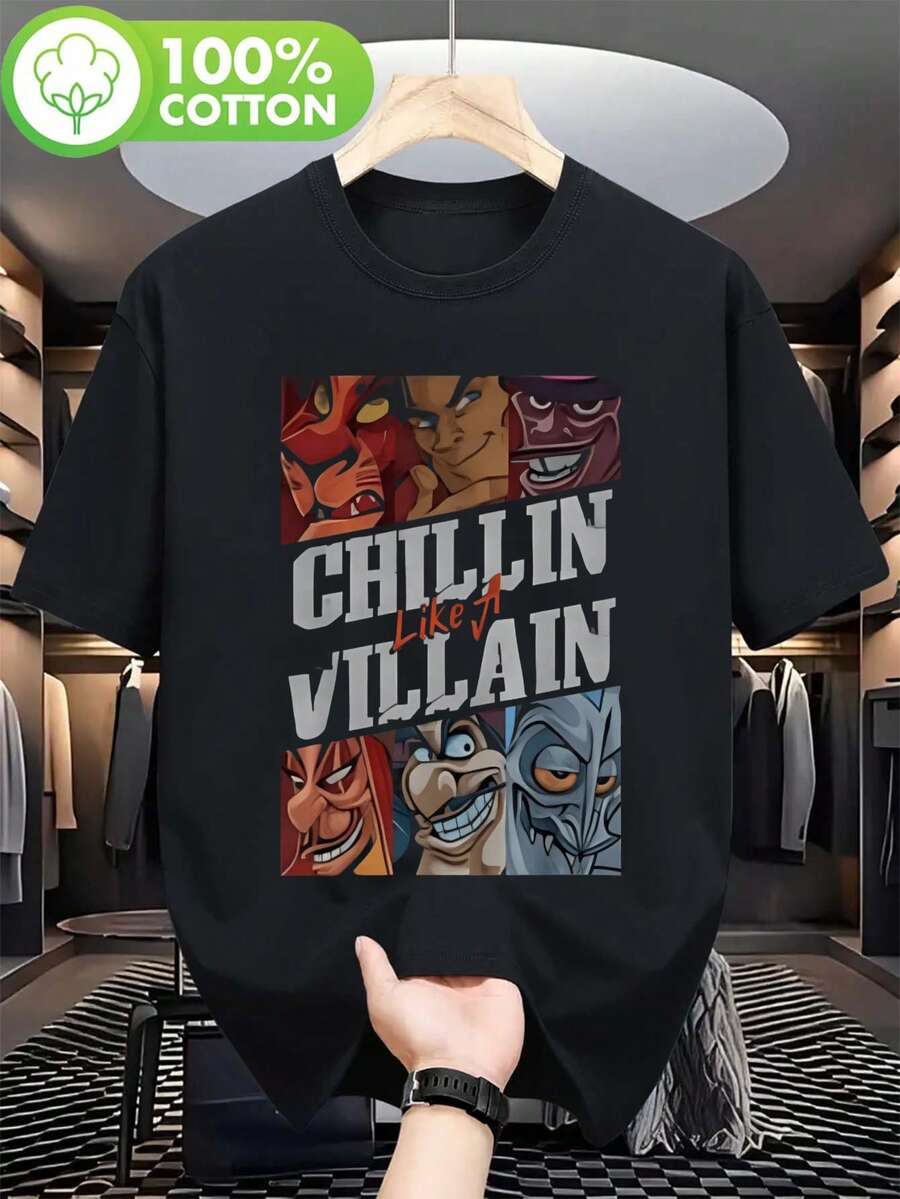 Reines Vintage-Stilvolles Herren-Mode-T-Shirt mit lustigem Aufdruck "Cool Like a Villain" – Auffälliges geometrisches Muster, Rundhalsausschnitt, kurze Ärmel, entspannte Passform, 180 g, weiches, bequemes Material, ideal als leichtes, komfortables Allround-Freizeit-T-Shirt für den Alltag. - Schwarz - Übersicht 1