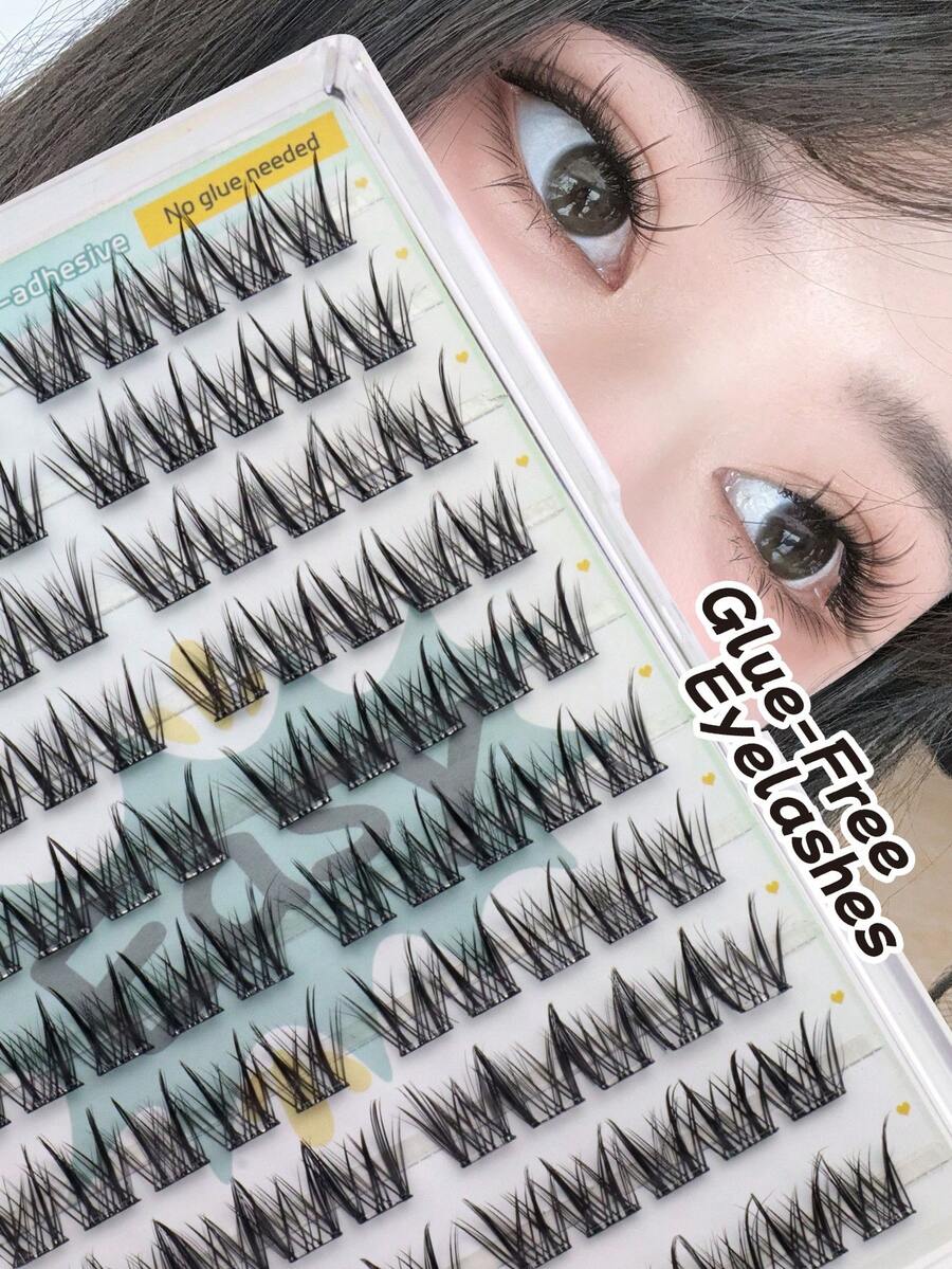 100pcs/Set D-Curl Glue-Free Double-Tip Cat Ear Cartoon Lashes, Fluffy Curly Segmented 3D Lashes, Waterproof, Suitable For Beginners, Easy To Wear, Portable - View 1