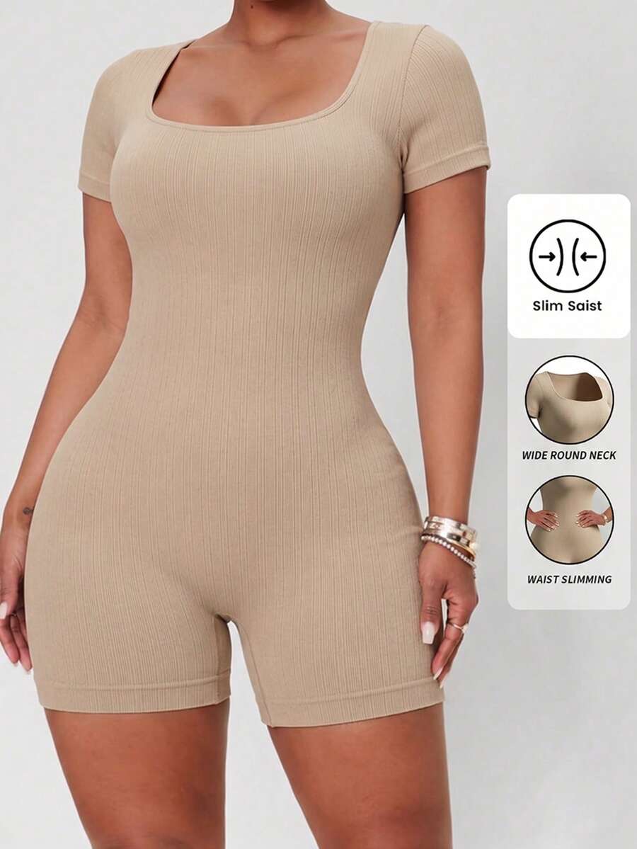 1pc Plus Size Women's Seamless Ribbed Bodysuit, Tummy Control & Butt Lift Full Body Shaping Jumpsuit, Summer Compression Body Shaping Shorts, Suitable For Daily Wear, Women's Shorts, Father's Day Gift - Apricot - View 1