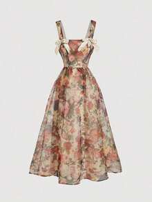xheSHEIN MOD Vestido largo vintage con estampado floral color albaricoque y lazo, vestido de graduación color albaricoque, vestido de mujer, vestido elegante para mujer, vestidos de graduación, vestido, vestidos de verano para mujerxhe - Albaricoque - Ver 5