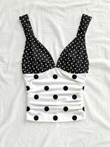 Camiseta de mujer elegante para vacaciones, de tela de punto a lunares, con tirantes retorcidos y fruncidos, de ajuste ceñido, adecuada para vacaciones, citas, té de la tarde, playa, crucero, viaje a la ciudad, vacaciones en la isla, festival de música, vacaciones bohemias, se puede usar por dentro o por fuera - Multicolor - Ver 5