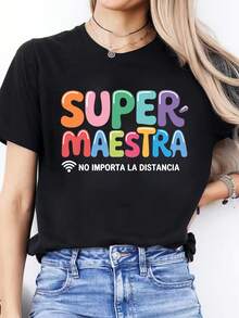 1 Piece Of Spring/Summer Casual T-Shirt With Spanish Letter Print, Short Sleeve Sports T-Shirt With Round Neck, Women's Top, 180g 100% Cotton. - 黑色 - 查看 12